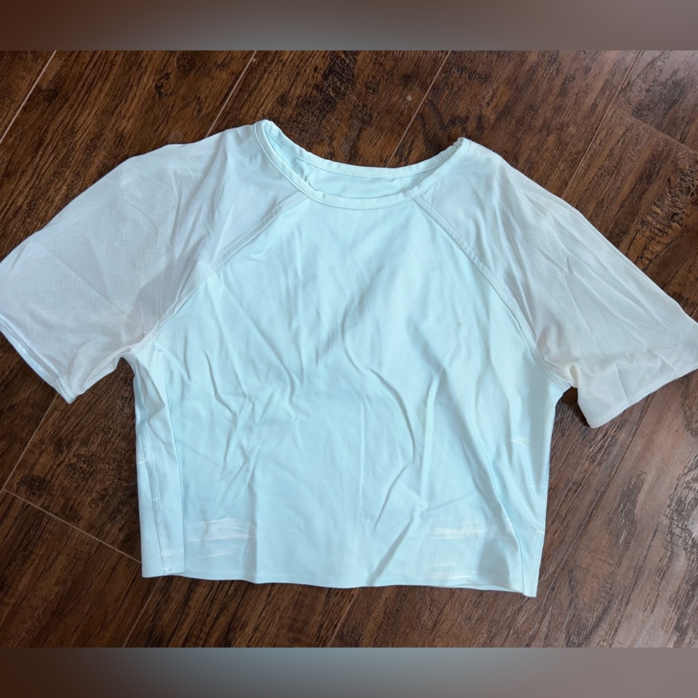 Lulu lemon light blue short sleeve crop, sheer sleeves
